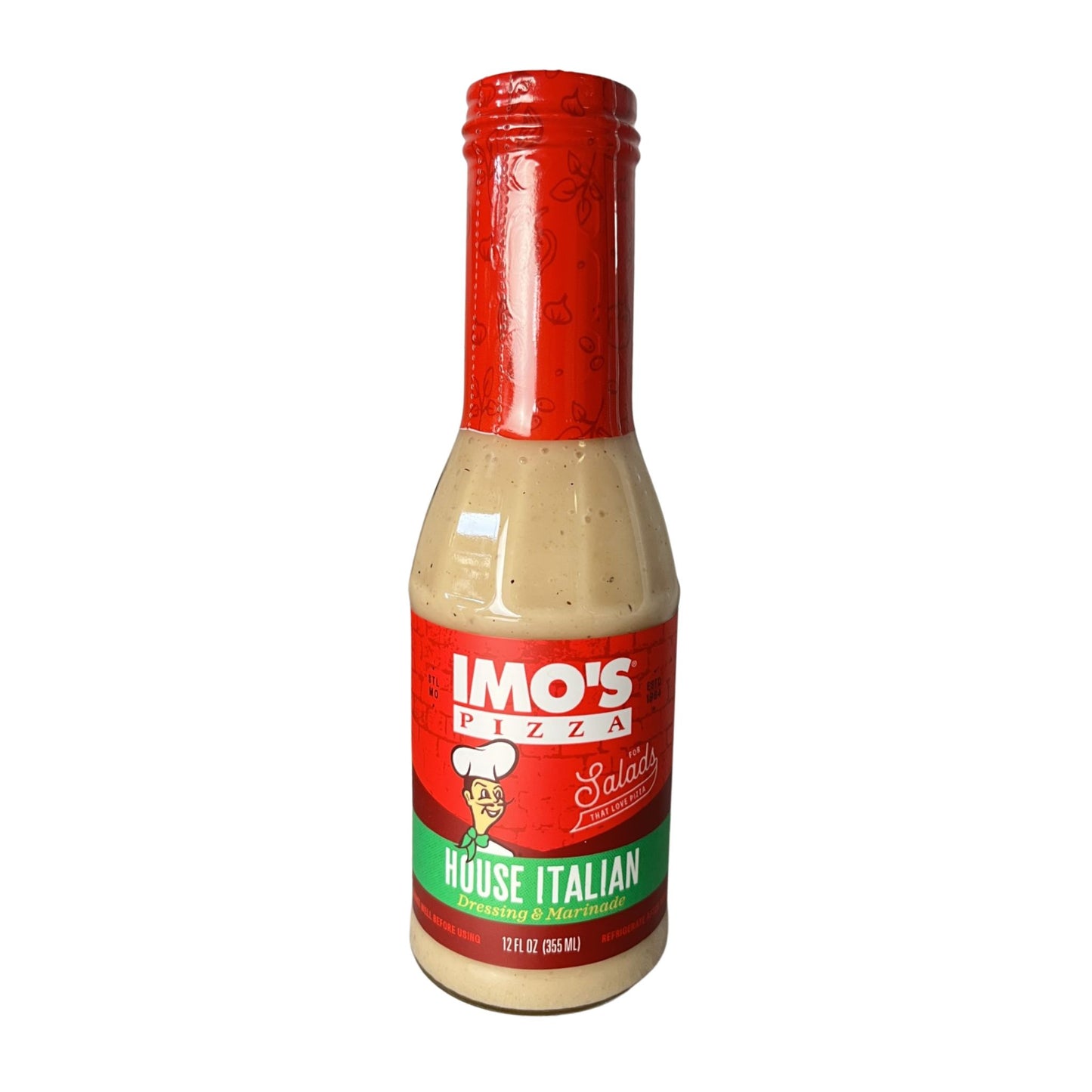 Bottle of Imo's Pizza House Italian salad dressing on a white background