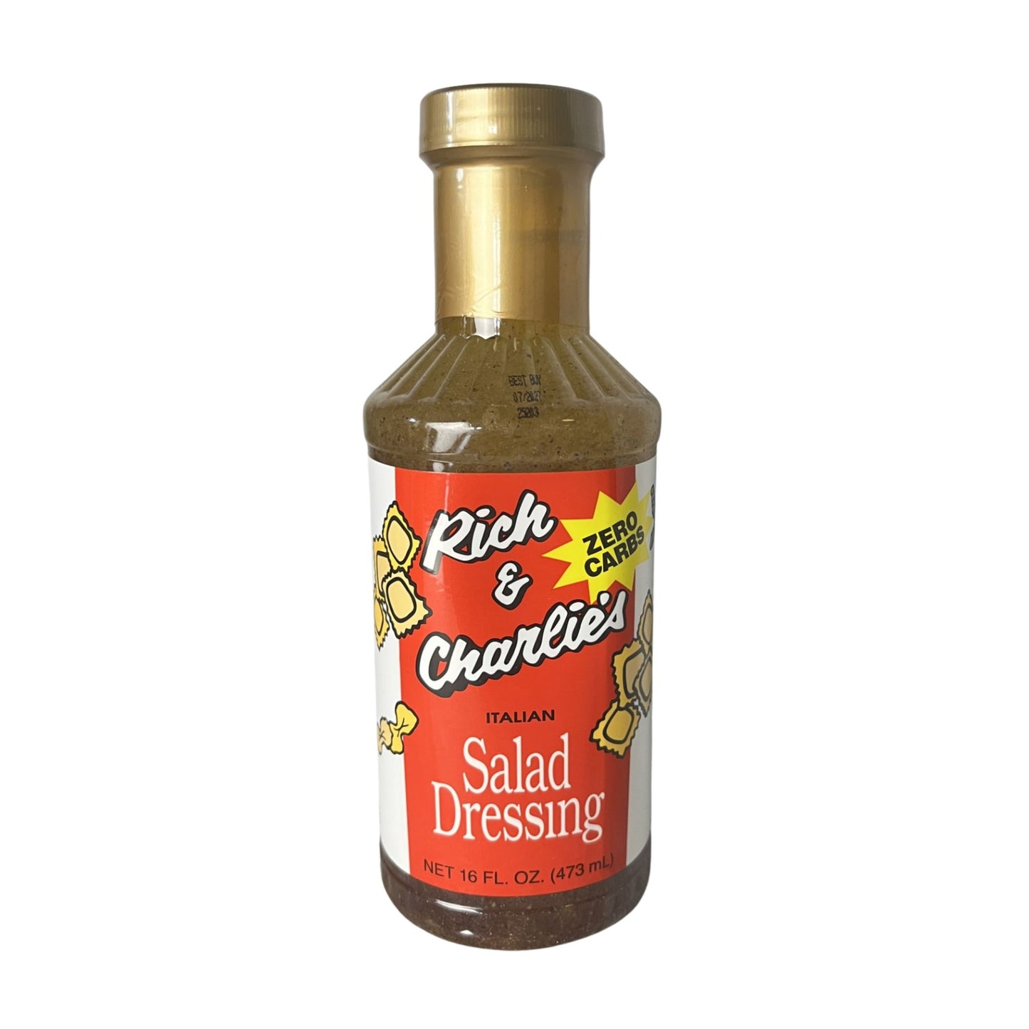 Bottle of Rich & Charlie's Italian Salad Dressing on a white background