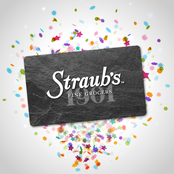 Straub's Fine Grocers gift card with colorful confetti on a light gray background