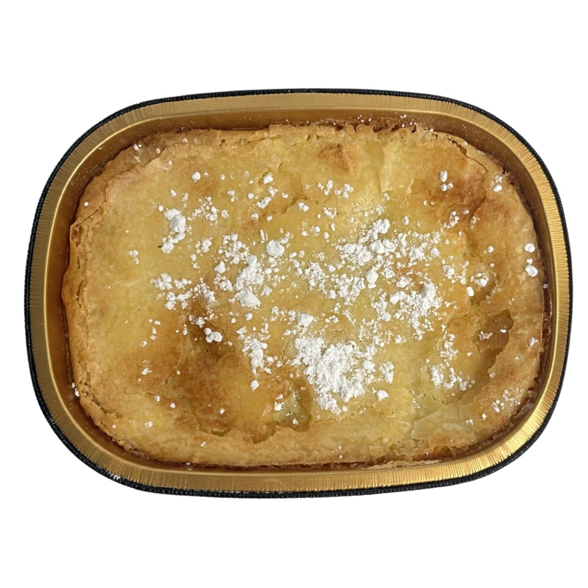 Pastry in a gold tray with powdered sugar on a white background