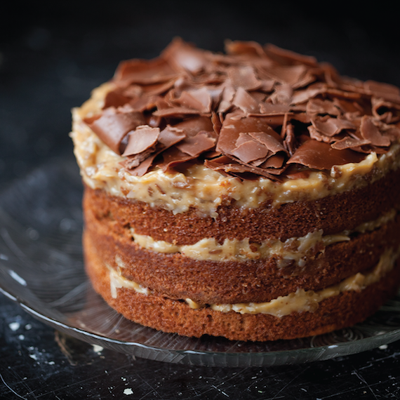Layered cake with chocolate shavings on a dark background