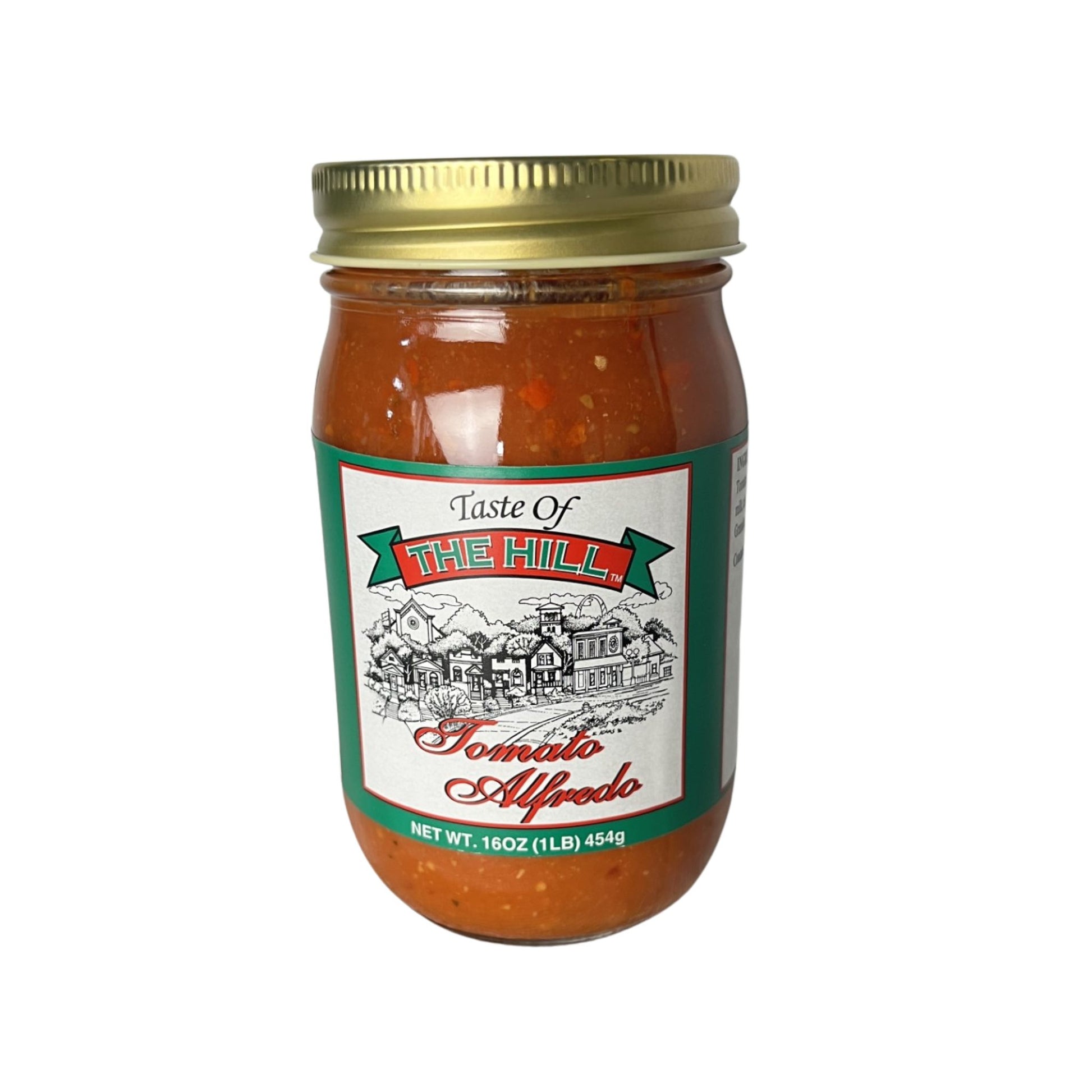 Jar of pasta sauce with a label on a white background