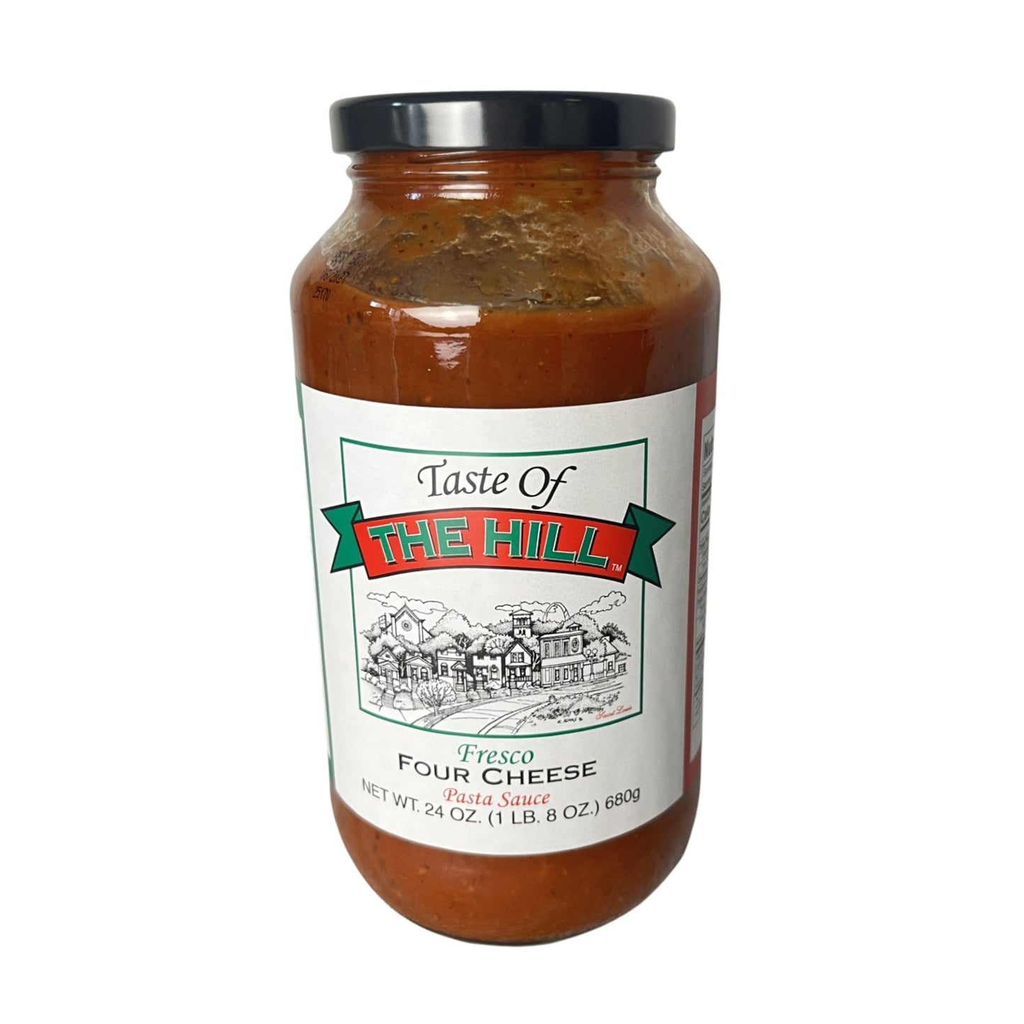 Jar of 'Taste of the Hill' four cheese pasta sauce on a white background