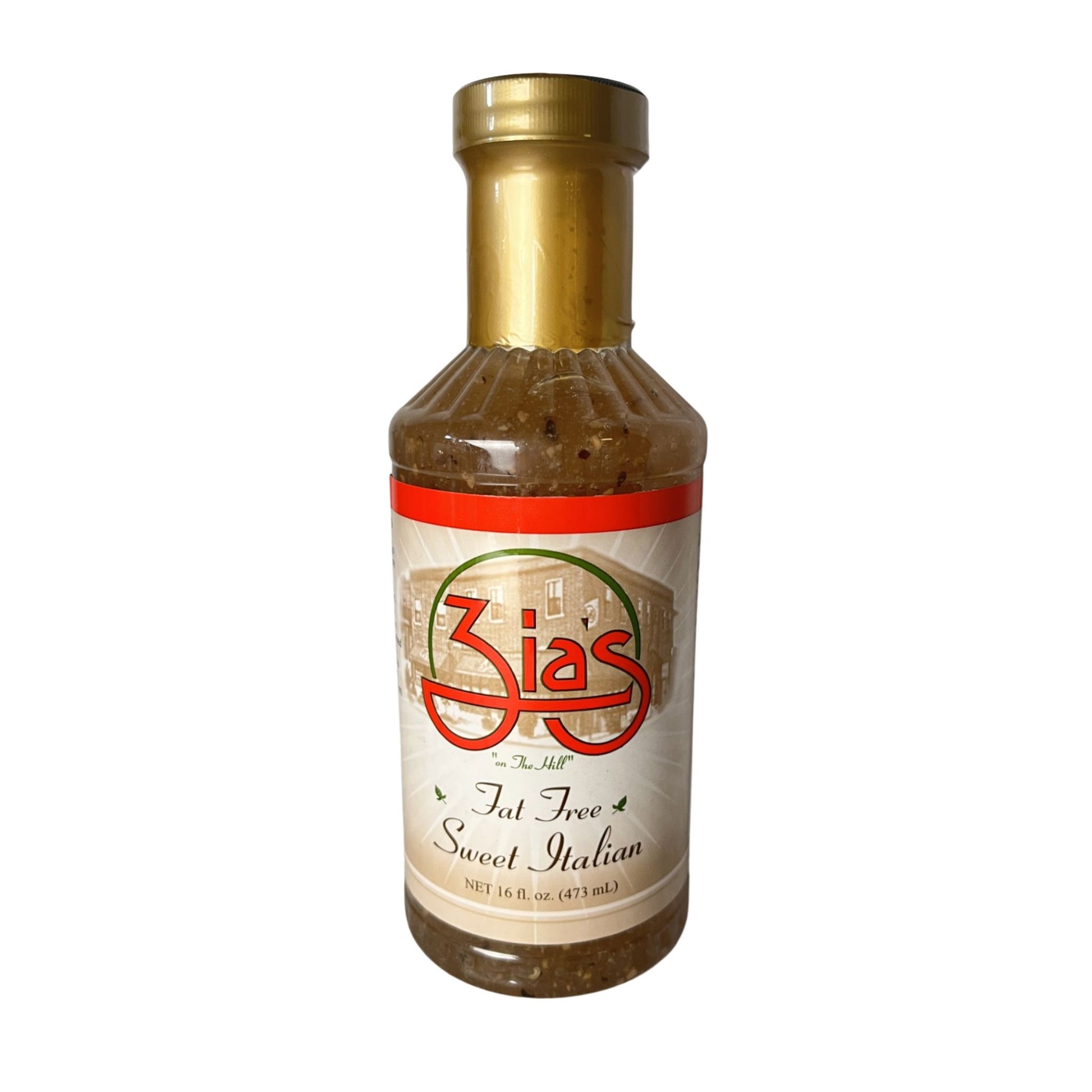 Bottle of Zias fat-free sweet Italian dressing on a white background