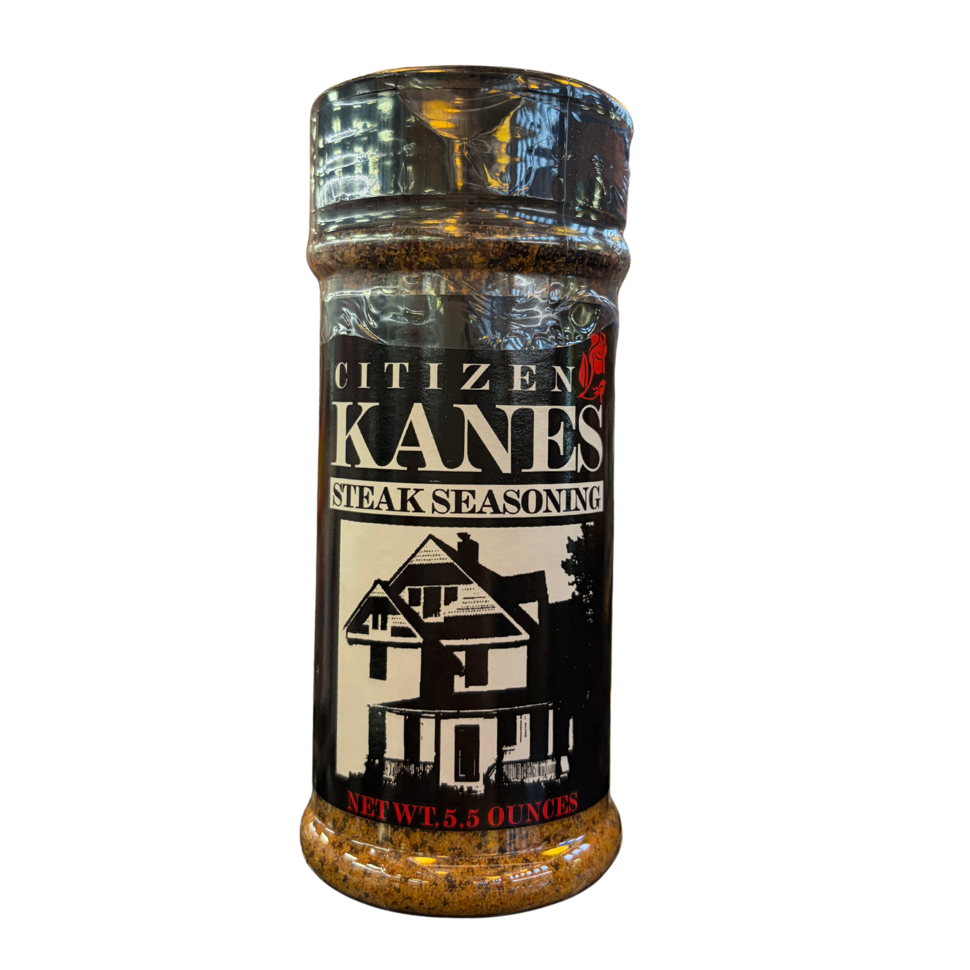 Citizen Kanes steak seasoning in plastic container.